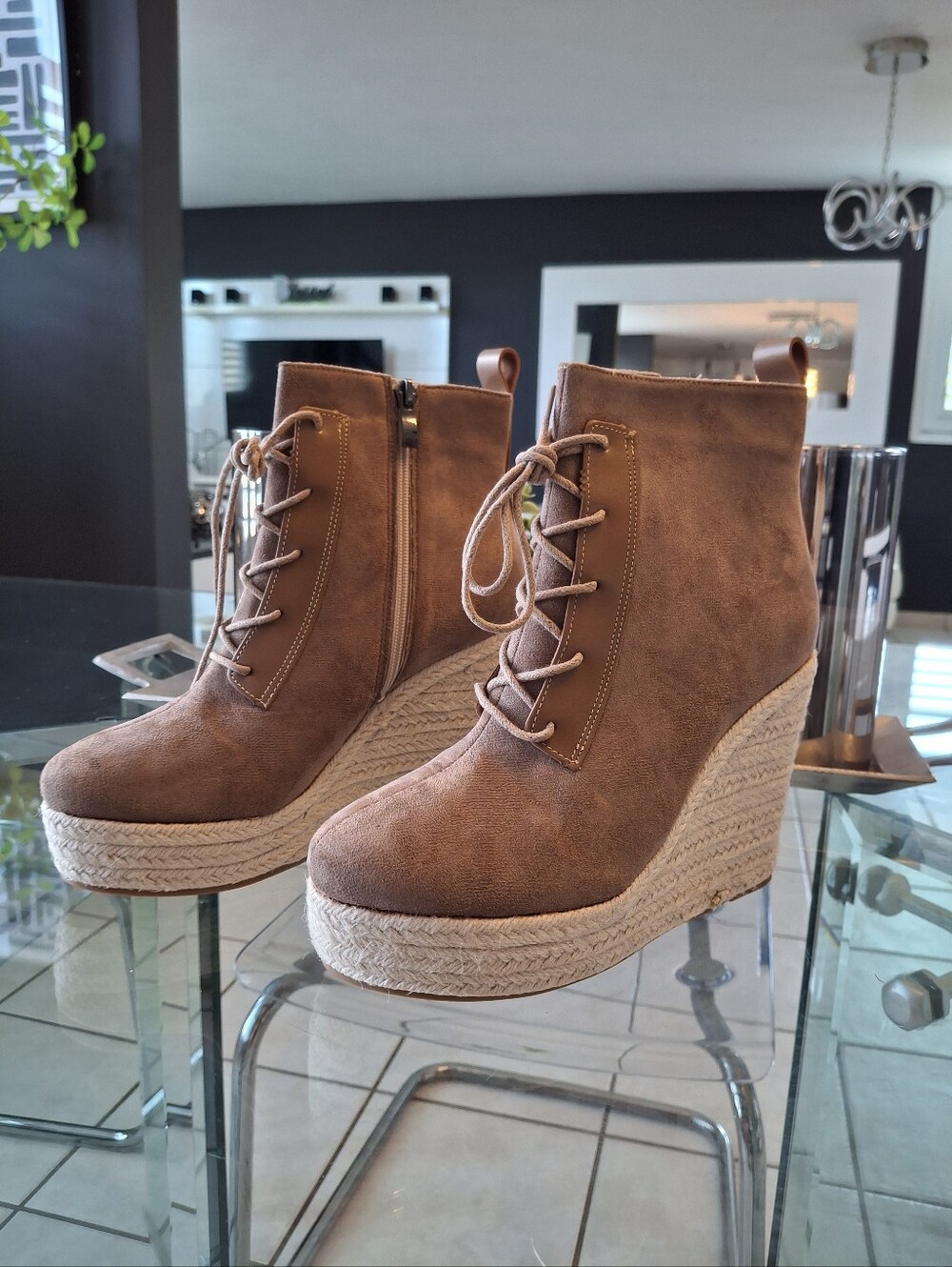 Womens Tan Suede Lace-Up Wedge Booties